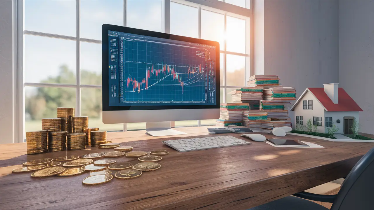 Wooden desk with computer, gold coins, stock certificates, and model house in an office setting.