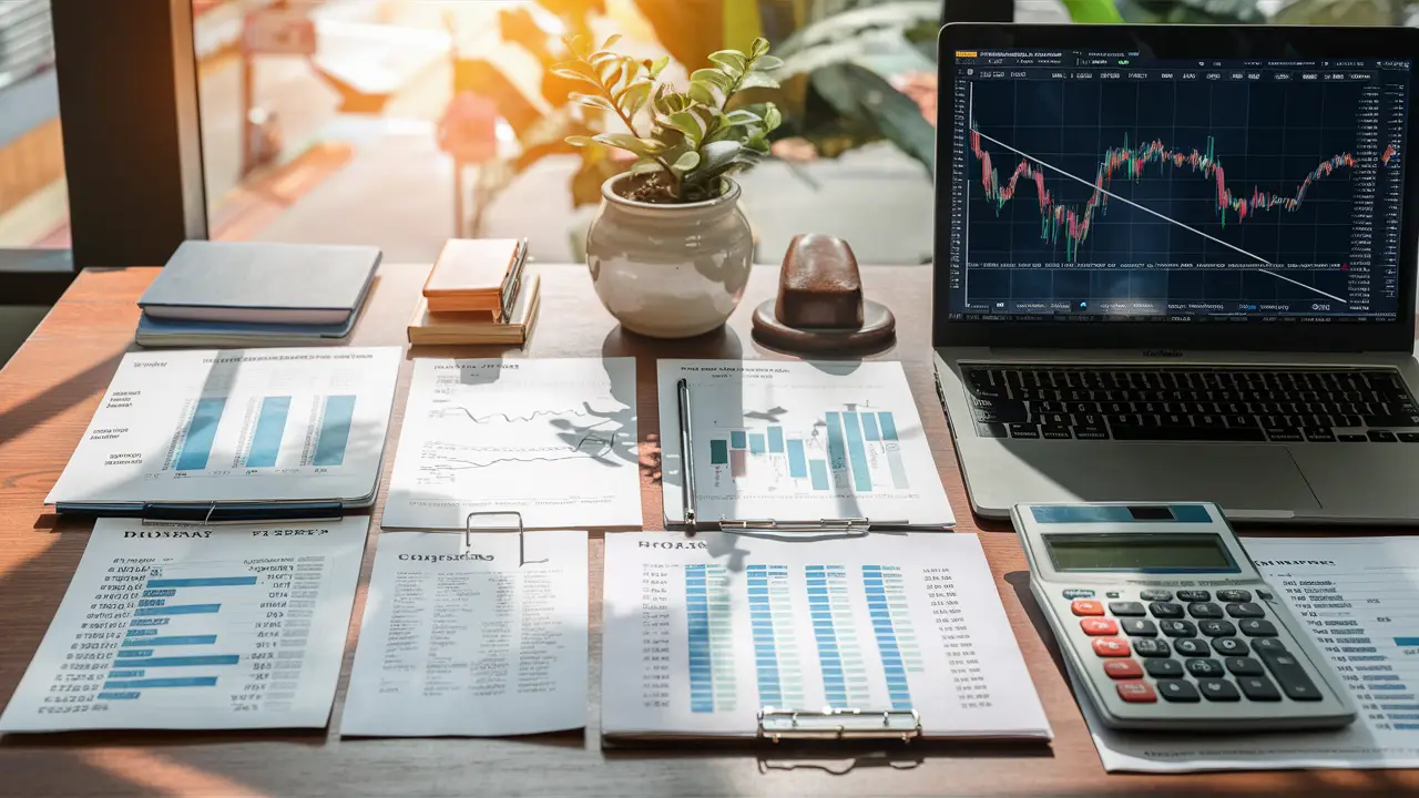 Financial documents, calculator, and laptop with stock chart on a wooden desk with a small plant.