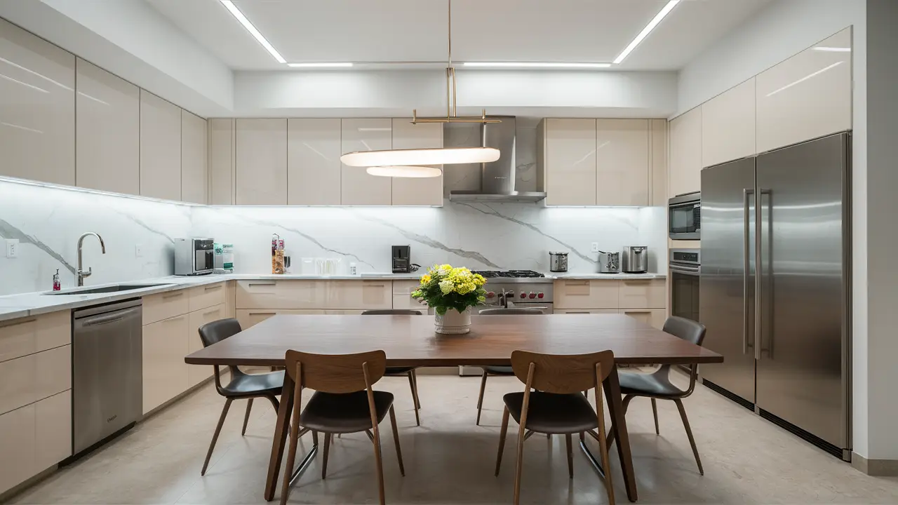 Renovated kitchen with marble countertop and stainless steel appliances.