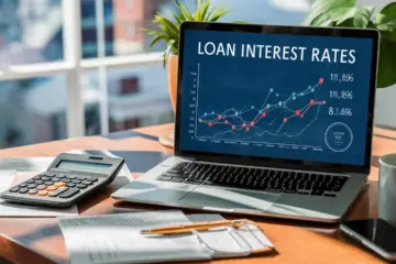 Laptop showing loan interest rate graph on a desk with calculator and mug.