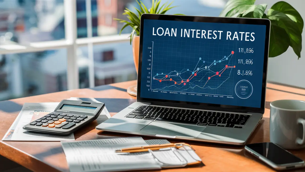 Laptop showing loan interest rate graph on a desk with calculator and mug.
