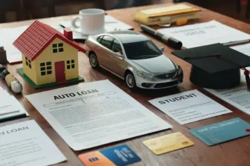 Various loan types depicted by a house, car, graduation cap, and credit card with corresponding loan documents on a wooden table.