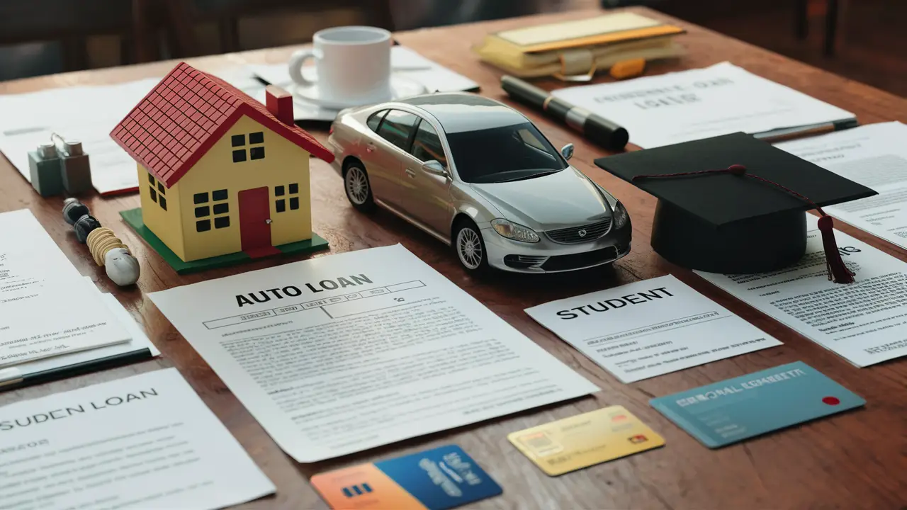 Various loan types depicted by a house, car, graduation cap, and credit card with corresponding loan documents on a wooden table.