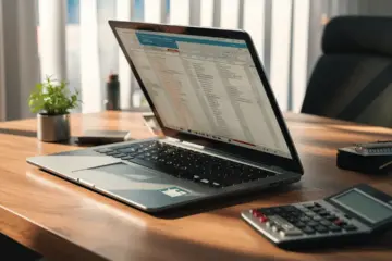 Laptop displaying spreadsheet, calculator, and plant on a modern office desk.