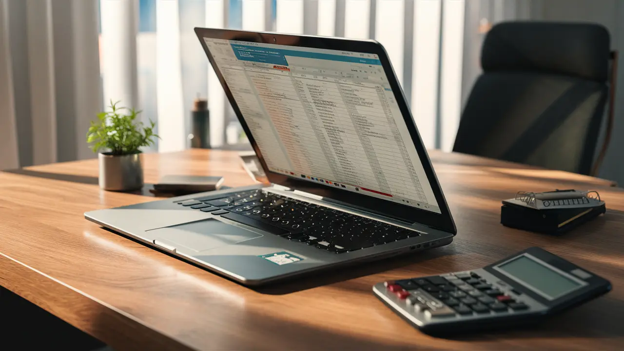 Laptop displaying spreadsheet, calculator, and plant on a modern office desk.