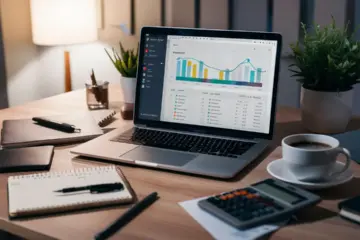 Office desk with laptop showing financial dashboard, notepad, pen, calculator, and coffee on a wooden surface.
