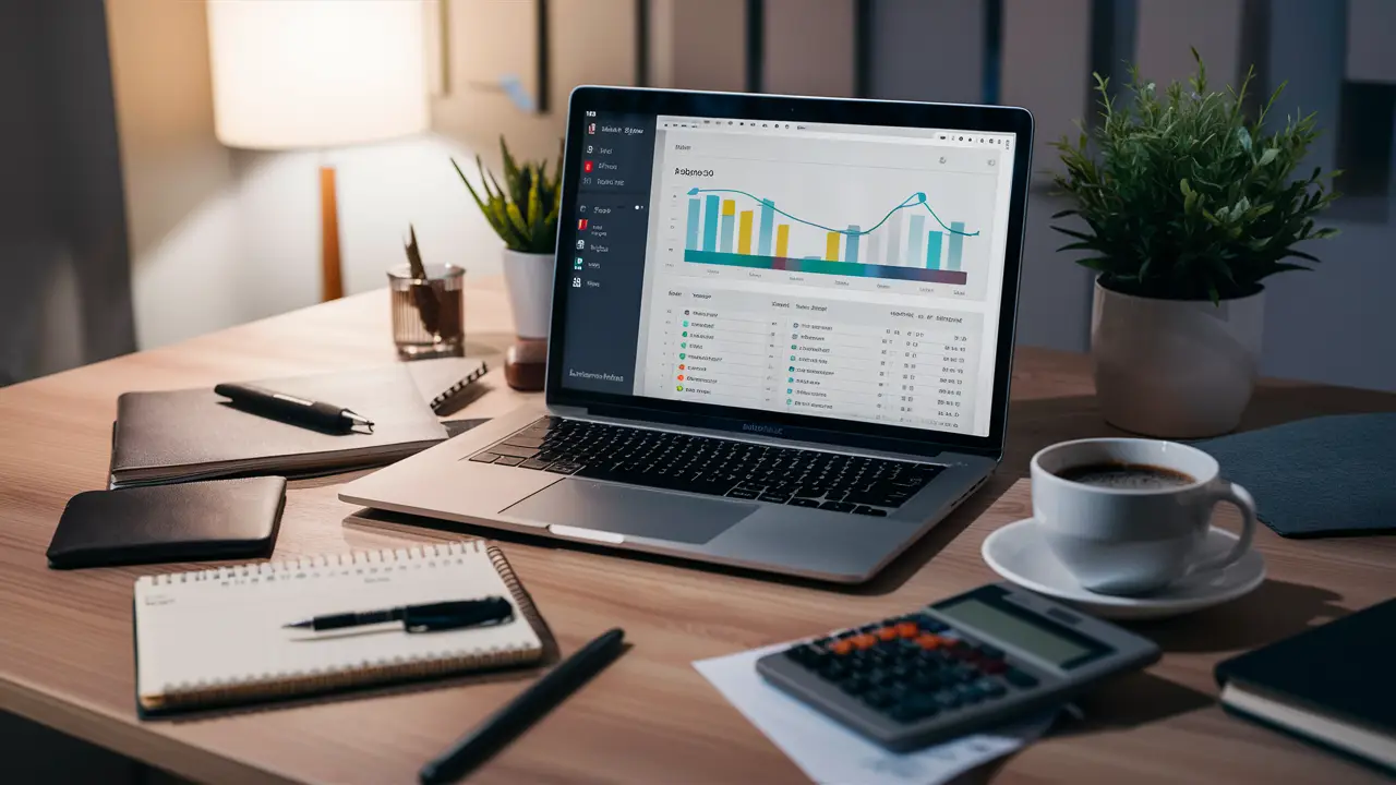 Office desk with laptop showing financial dashboard, notepad, pen, calculator, and coffee on a wooden surface.