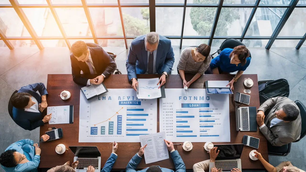 Diverse group at office table reviewing documents and charts with laptops and calculators.
