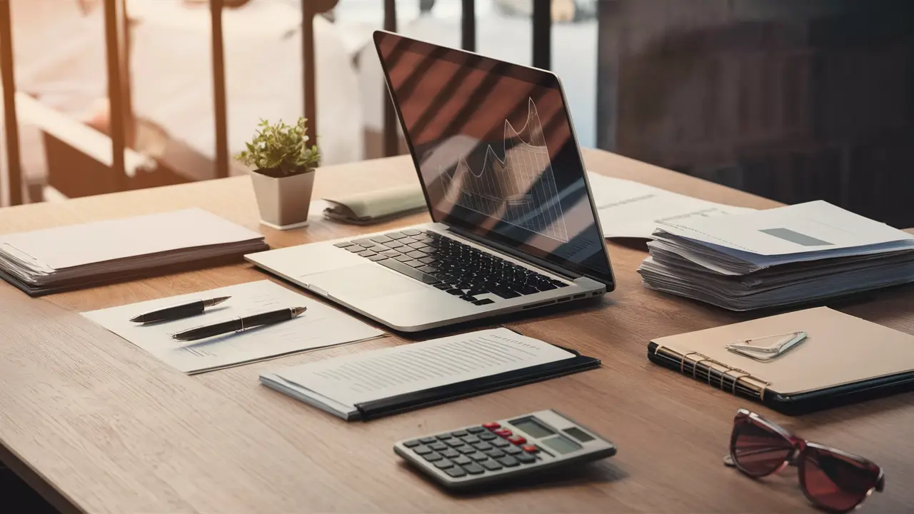 Office desk with laptop showing graph, business documents, fountain pen, potted plant, and calculator.