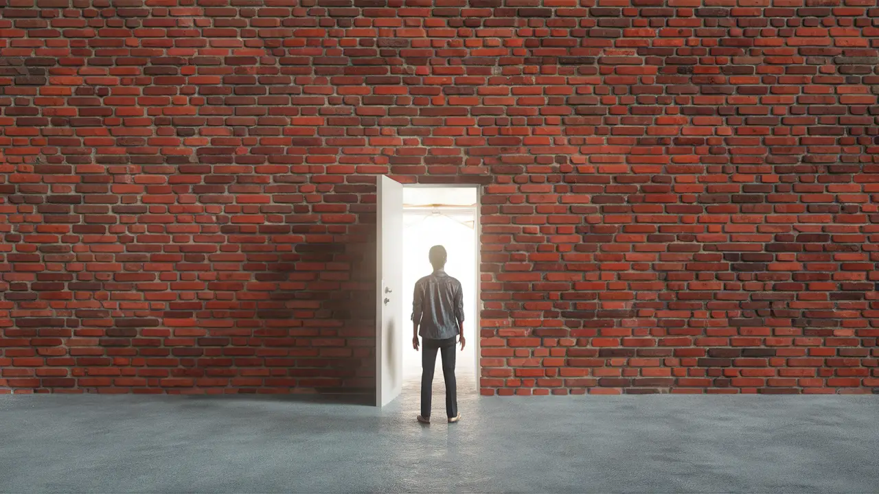 Person facing a brick wall with a small door ajar, showing a bright room behind it.