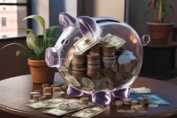 Piggy bank filled with coins and bills next to a green plant on a wooden table.