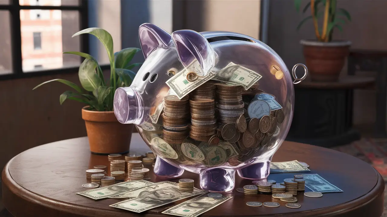 Piggy bank filled with coins and bills next to a green plant on a wooden table.