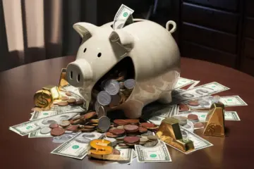 Ceramic piggy bank overflowing with coins and bills, surrounded by financial symbols on a wooden desk.