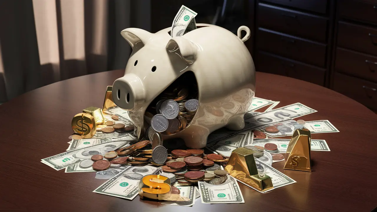 Ceramic piggy bank overflowing with coins and bills, surrounded by financial symbols on a wooden desk.