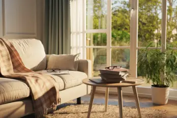 Living room with sofa, coffee table, financial documents, reading glasses, and plant by window with sunlight.