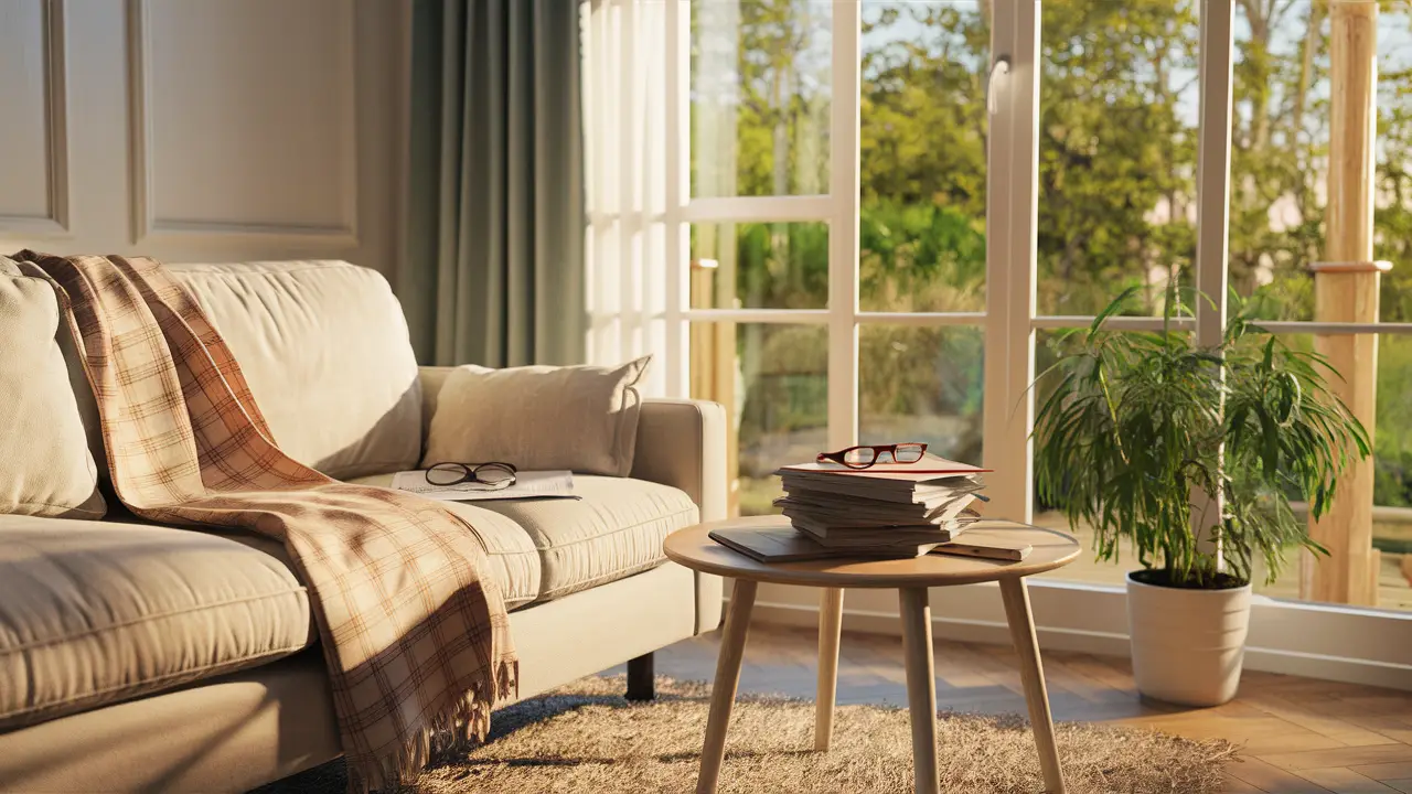 Living room with sofa, coffee table, financial documents, reading glasses, and plant by window with sunlight.