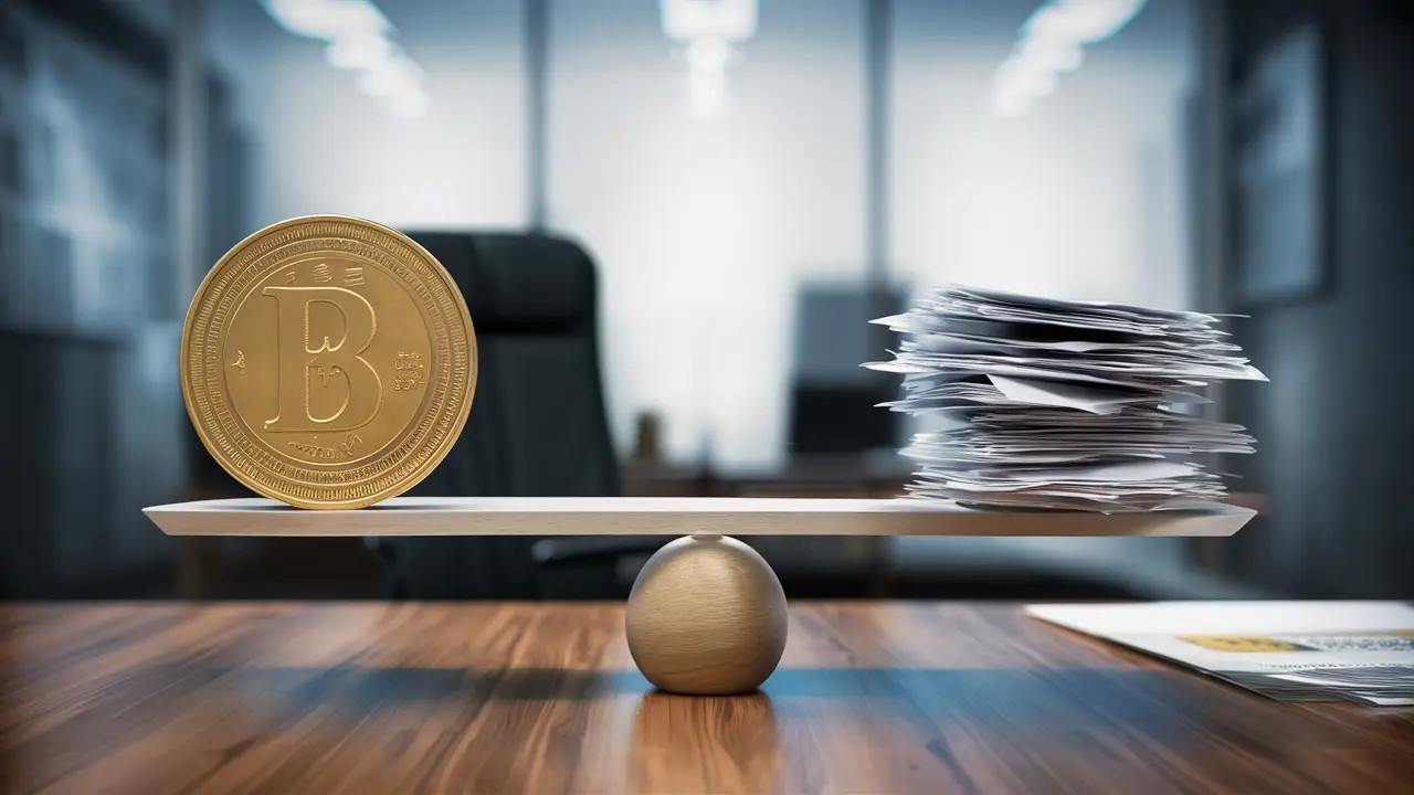 Scale with a gold coin on one side and paperwork on the other, on a desk with a blurred office background.