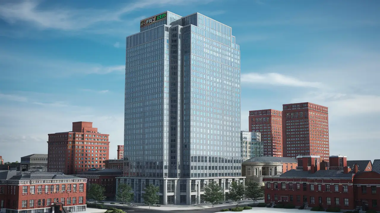 Tall glass skyscraper with a "For Sale" sign, surrounded by red-brick buildings under a clear blue sky.