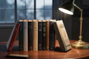 Ten finance books stacked on a wooden table, illuminated by a brass desk lamp, with graphs and dollar signs on the covers.