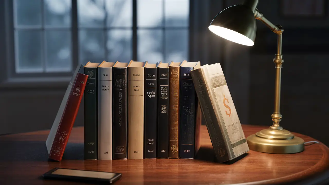 Ten finance books stacked on a wooden table, illuminated by a brass desk lamp, with graphs and dollar signs on the covers.