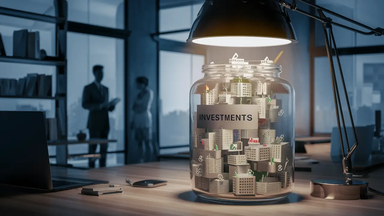 Glass jar with startup models and risk symbols in a modern office.