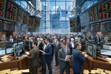 Stock exchange floor with professionals, digital screens, stock graphs, and cityscape view through glass windows.