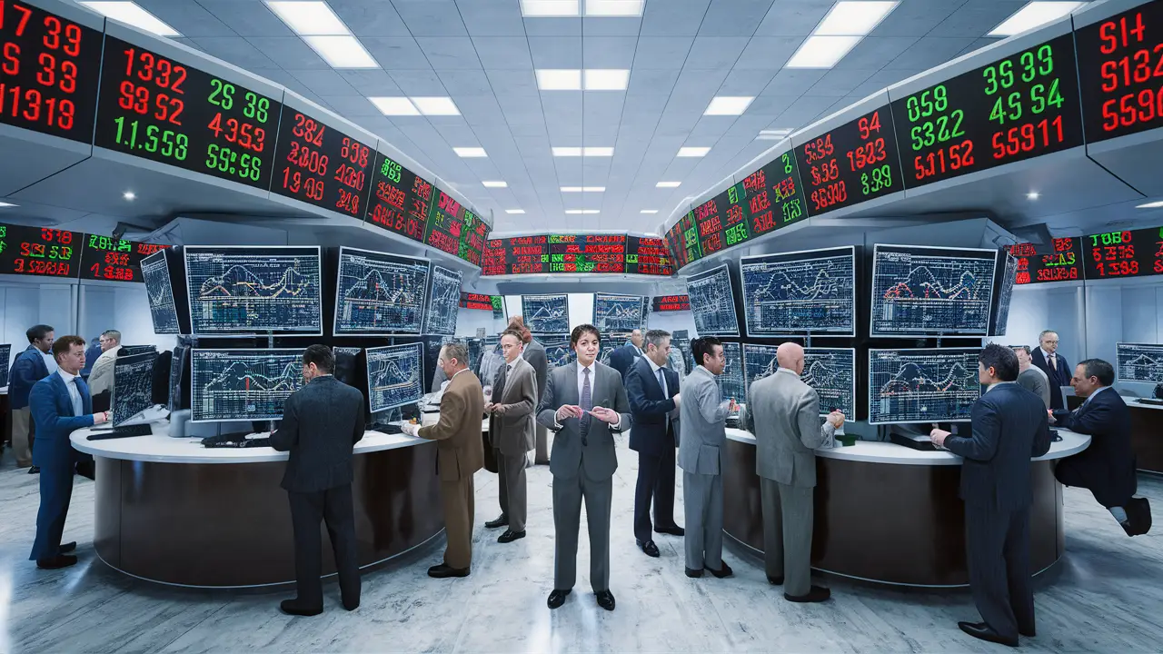 Traders on a busy stock exchange floor with monitors, financial charts, and ticker displays showing stock prices.