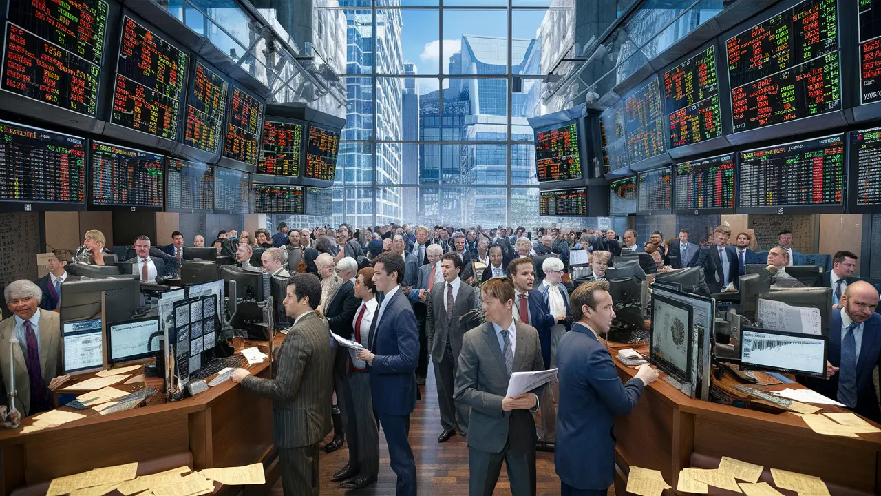 Stock exchange floor with professionals, digital screens, stock graphs, and cityscape view through glass windows.