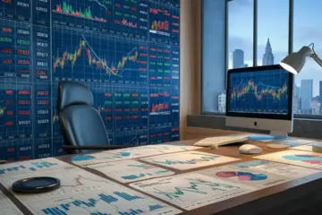 Desk with financial charts, computer showing stock graphs, lamp, modern chair, and city skyline through window.