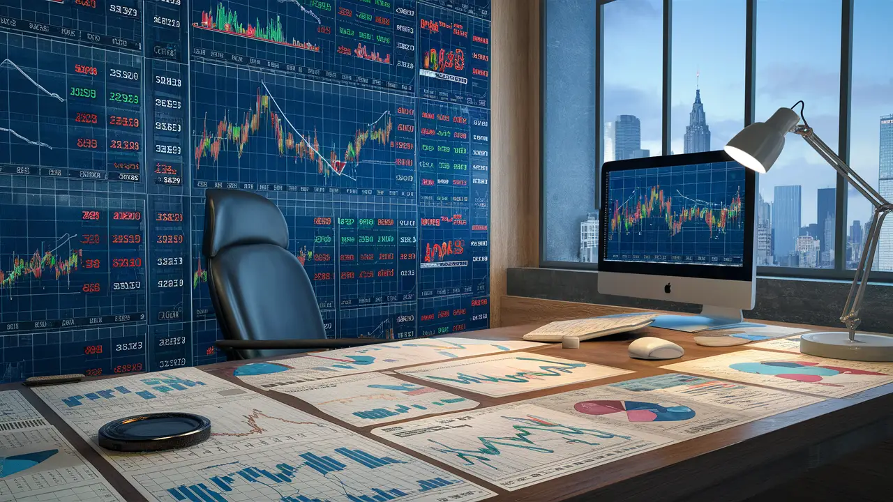 Desk with financial charts, computer showing stock graphs, lamp, modern chair, and city skyline through window.