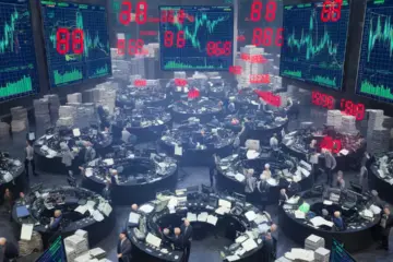 Bustling stock market trading floor with traders, monitors showing financial charts, and floating digital numbers.