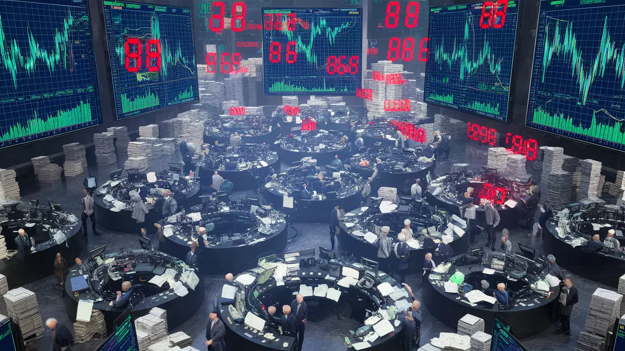 Bustling stock market trading floor with traders, monitors showing financial charts, and floating digital numbers.