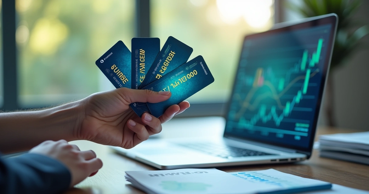 Hand holding credit cards with digital financial icons and charts overlay