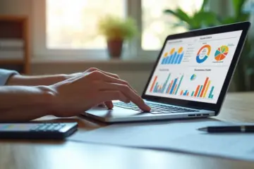 Workspace showing hands typing on laptop with business credit graphs and financial documents on desk