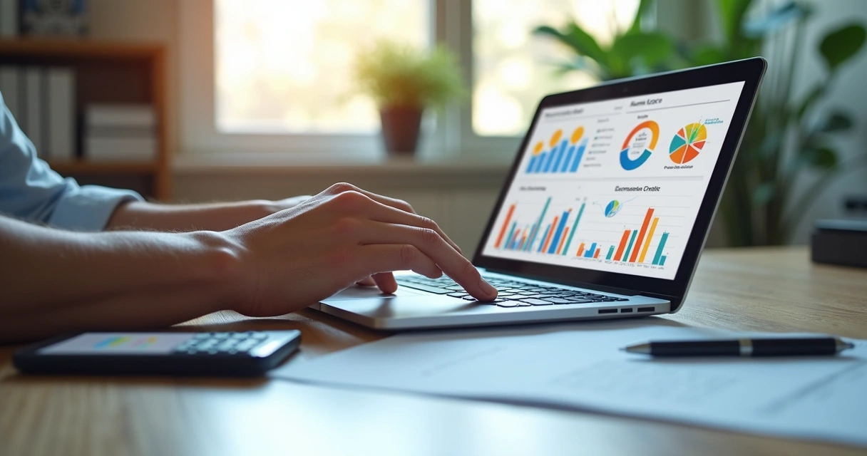 Workspace showing hands typing on laptop with business credit graphs and financial documents on desk
