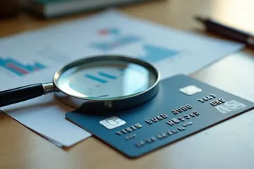 Close-up of a credit card on a desk with a magnifying glass highlighting fine print about fees