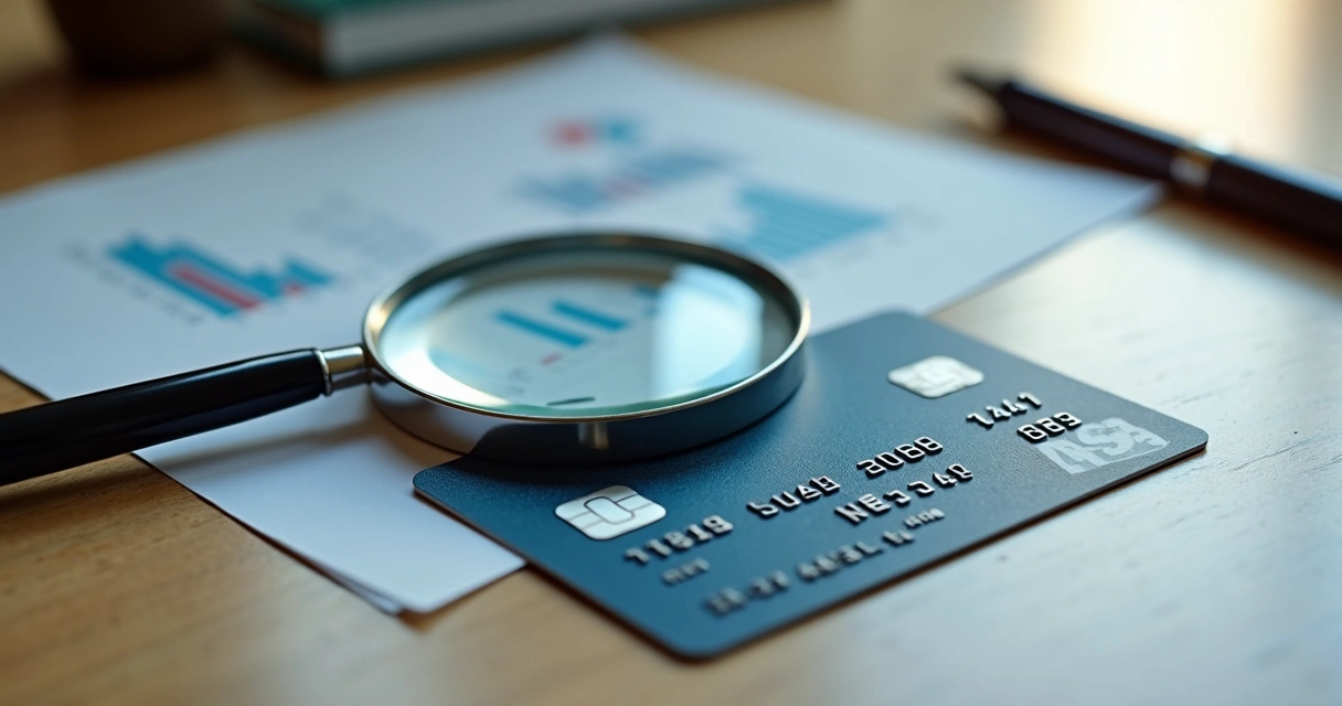 Close-up of a credit card on a desk with a magnifying glass highlighting fine print about fees