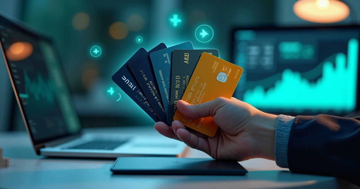 Hand holding multiple credit cards with cashback and points icons around