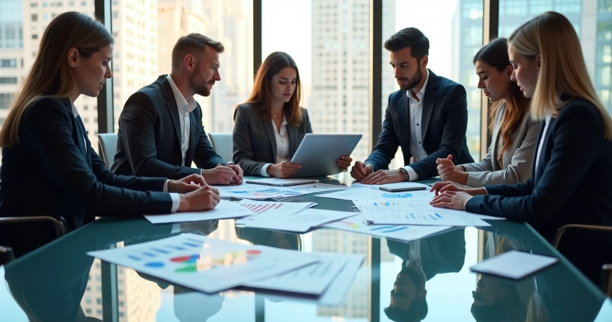 Group of diverse finance professionals analyzing charts and financial documents on a glass table