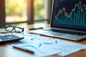 Desk with financial documents, calculator, laptop showing charts, dollar bills, and glasses