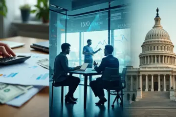 Collage showing personal, corporate, and public finance scenes with charts and professionals