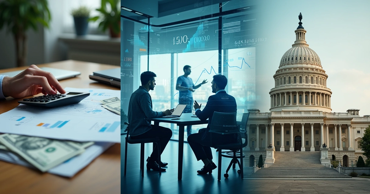 Collage showing personal, corporate, and public finance scenes with charts and professionals