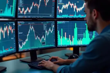 Desk with multiple financial charts, graphs on screens showing stock trends and investor data
