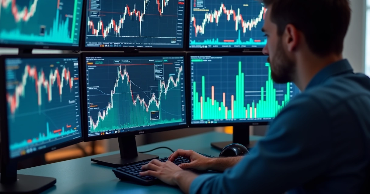 Desk with multiple financial charts, graphs on screens showing stock trends and investor data