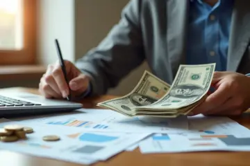 Person comparing cash money and credit card debt on table