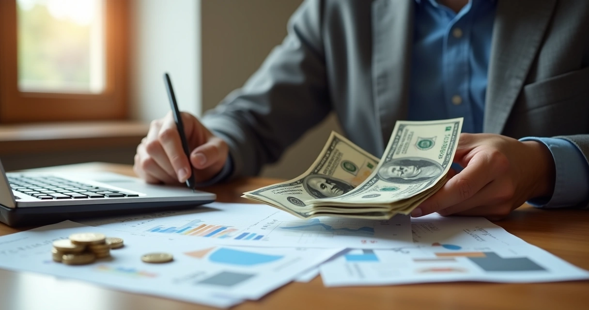 Person comparing cash money and credit card debt on table