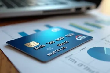 Close-up of a Citi Simplicity credit card on a wooden desk with financial documents and a laptop in the background