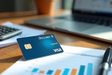 Discover it Cash Back credit card on a wooden desk with financial documents and calculator nearby