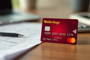 Close-up of Wells Fargo Active Cash credit card on a wooden table with soft focused financial documents in background