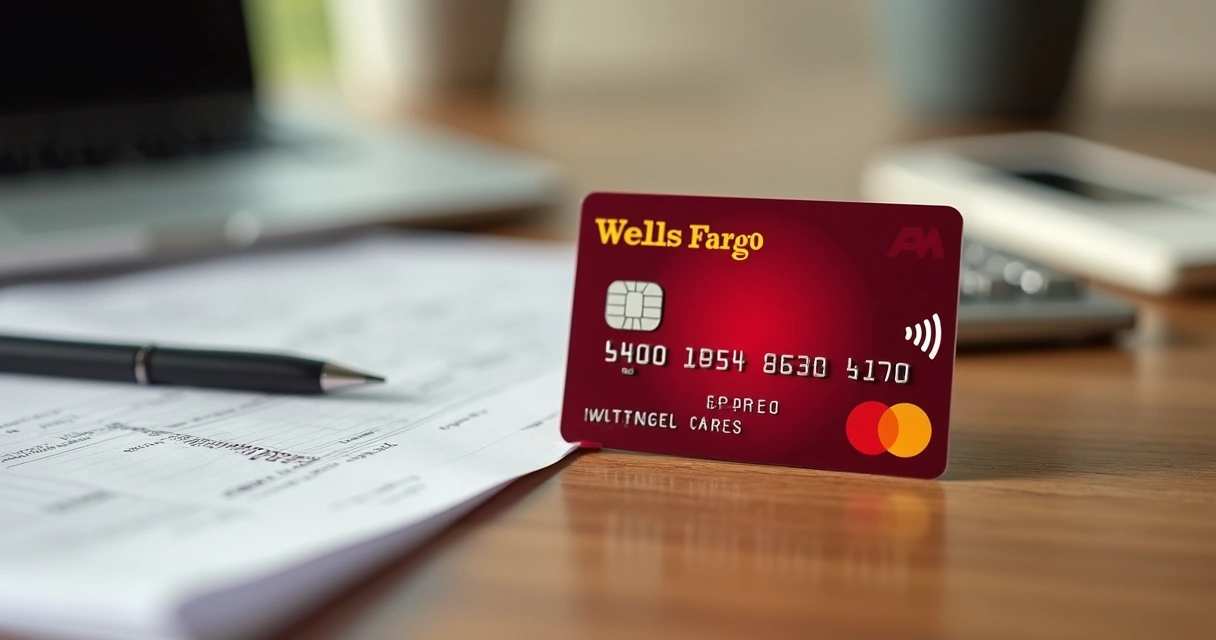 Close-up of Wells Fargo Active Cash credit card on a wooden table with soft focused financial documents in background